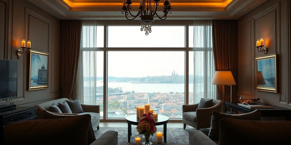 Romantic hotel room with city skyline view in Istanbul.