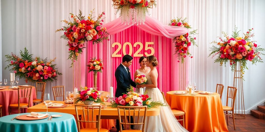 Elegant wedding scene with vibrant 2025 color palettes.