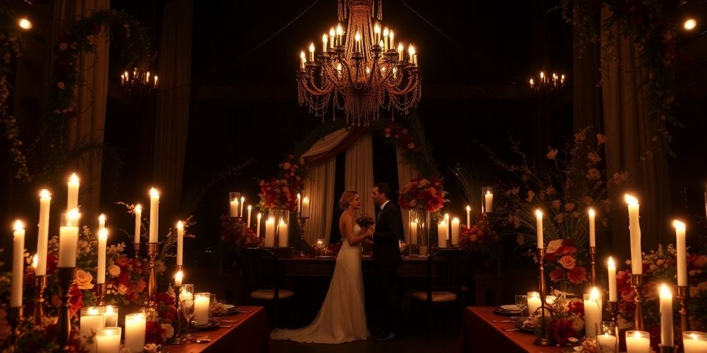 Dark wedding theme with candlelight and rich floral arrangements.