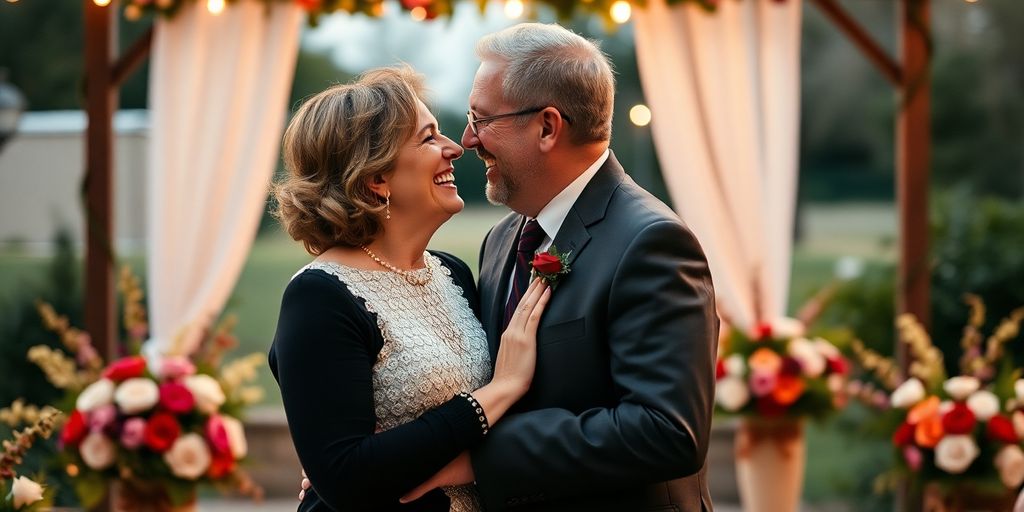 Couple celebrating second wedding in a beautiful outdoor setting.