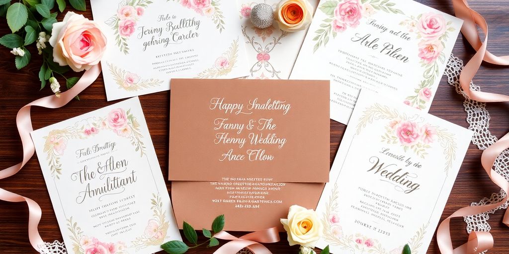 Elegant wedding invitations with floral designs and pastel colors.