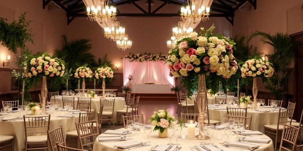 Elegant wedding setup with flowers and romantic lighting.