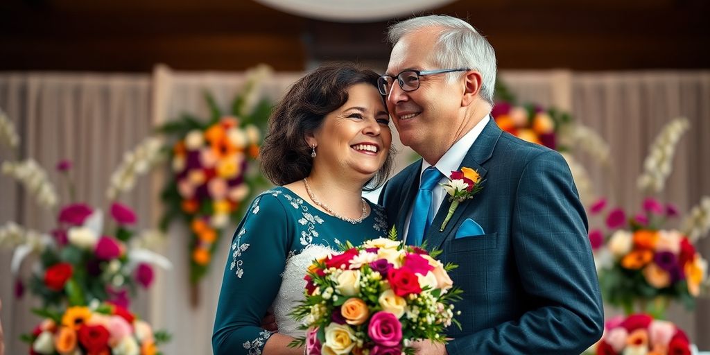 Couple celebrating second wedding with flowers and joy.