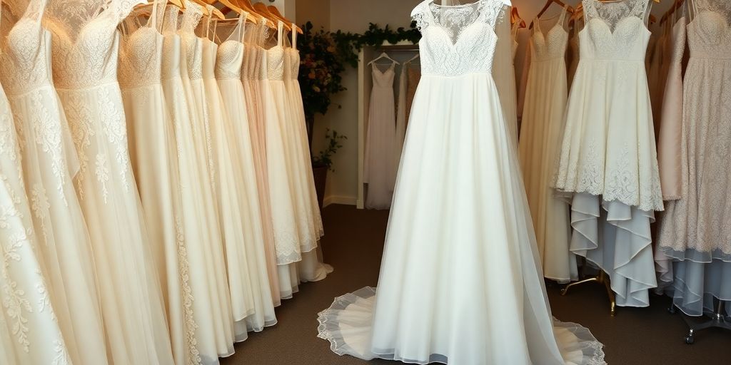 Elegant modest wedding dresses on display in soft lighting.