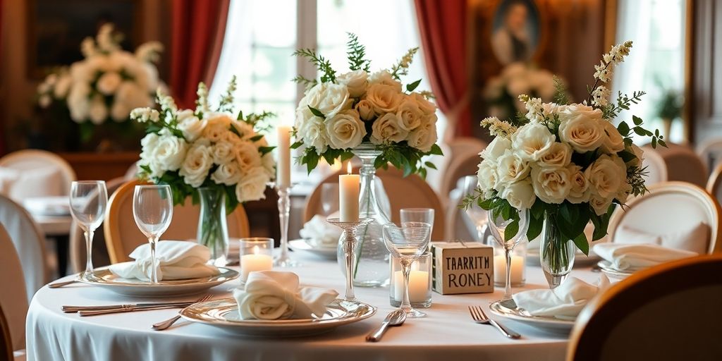 Classic wedding decor with floral arrangements and elegant lighting.