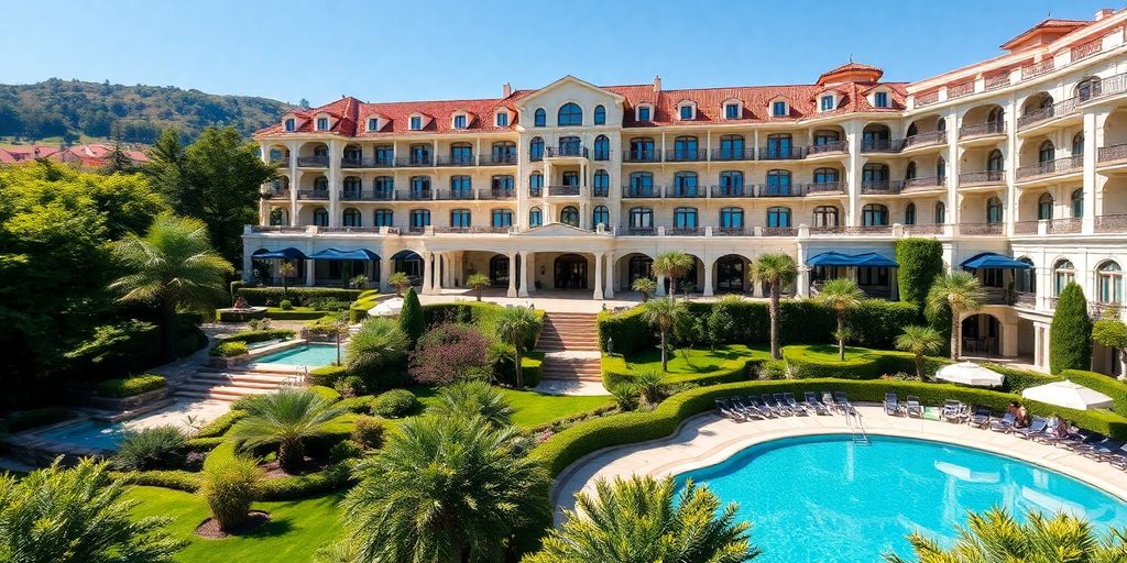 Luxurious hotel in Turkey with pool and gardens.