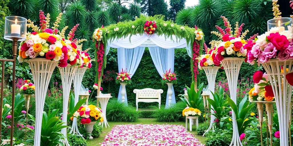 A picturesque garden wedding with flowers and decorations.