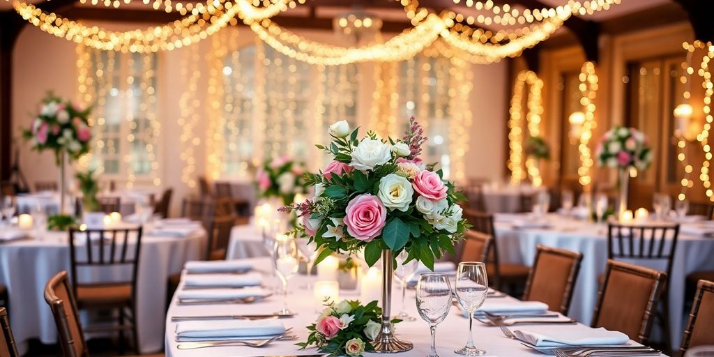 Decorated wedding reception table with flowers and fairy lights.