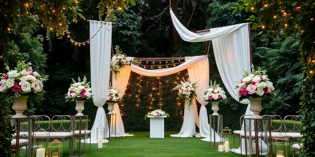 Elegant garden wedding decorations with flowers and fairy lights.