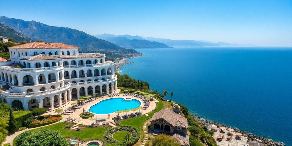 Aerial view of a luxurious Turkish hotel by the sea.